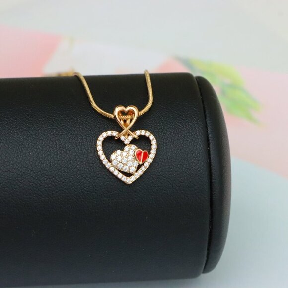 "Heart-Shaped Rose Gold Pendant with Red Accent and CZ Detailing, XPPT1518 - Picture 2 of 13